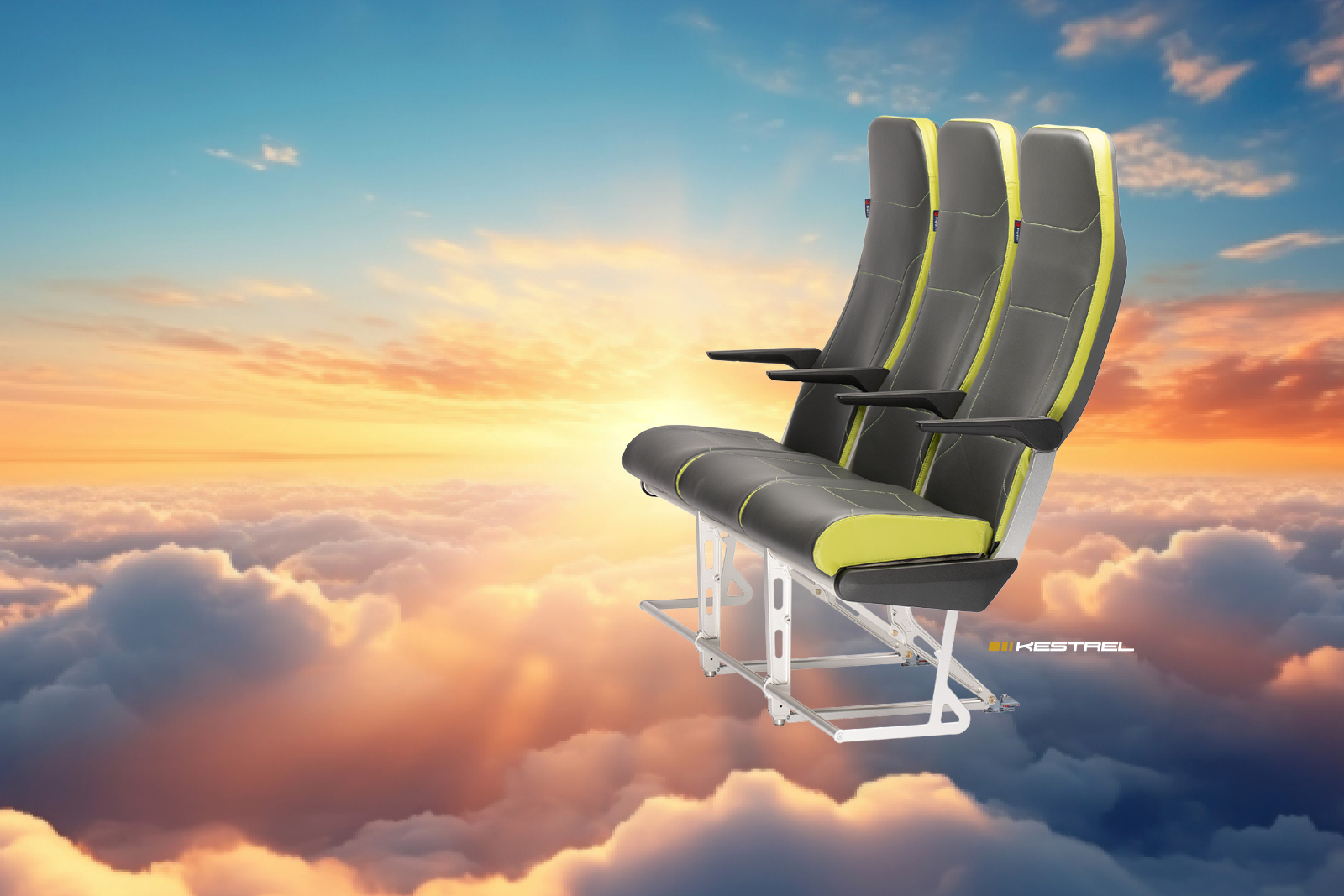 Mirus Aircraft Seating Kestrel Seat with green trim on a sunset sky